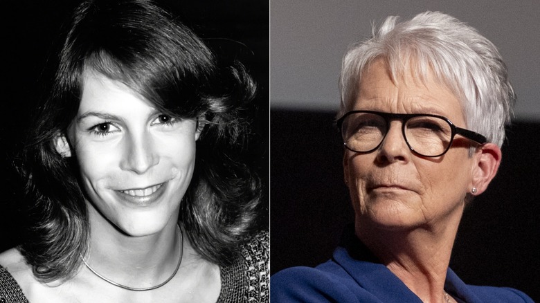 Jamie Lee Curtis in 1980 with long hair, left, and Curtis today, right