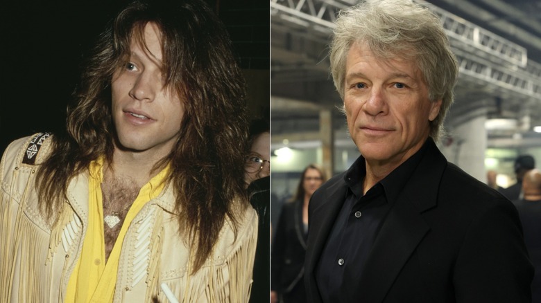 Jon Bon Jovi with long hair, left, and Bon Jovi today, right
