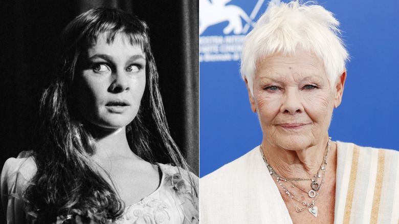 Judi Dench with long hair, left, and Dench today, right