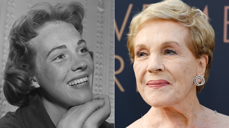 Julie Andrews with long hair, left, and Andrews today, right