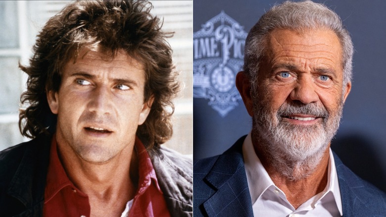 Mel Gibson with long hair, left, and Gibson today, right