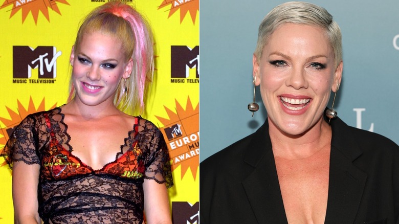 Pink with long hair, left, and Pink today, right
