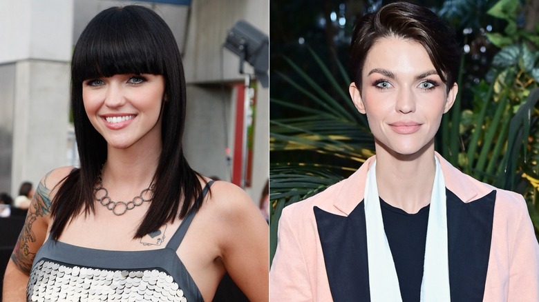 Ruby Rose with long hair, left, and Rose today, right