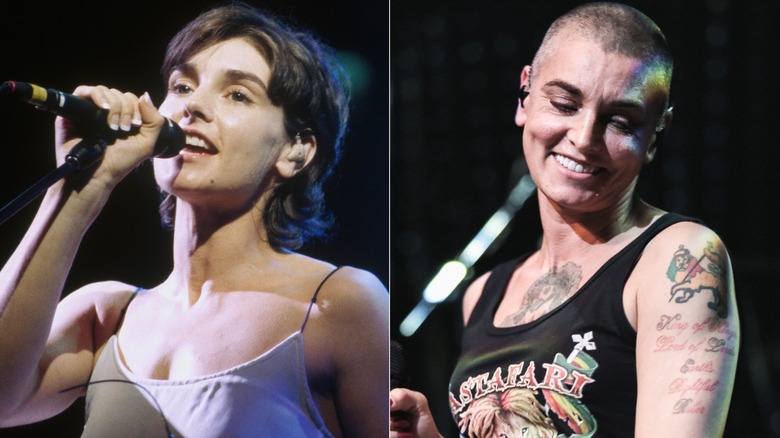 Sinéad O'Connor with longer hair, left, and Sinéad later, right