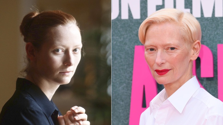 Tilda Swinton long hair, left, and Swinton today, right