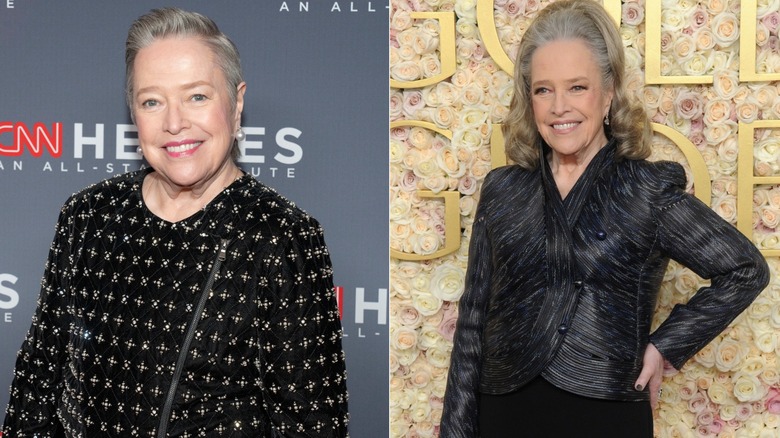 Kathy Bates at a red carpet in December 2019 (left), and Kathy Bates at the Golden Globes in January 2025 (right).