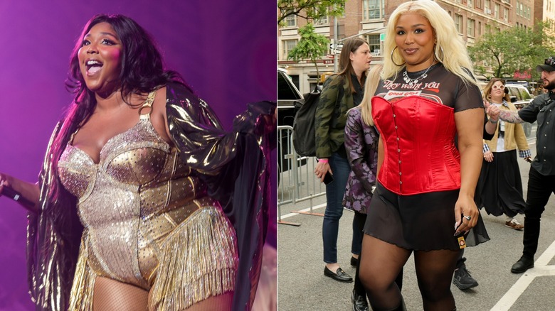 Lizzo performs at the Radio City Music Hall in September 2019 (left), Lizzo in New York City in May 2025 (right).