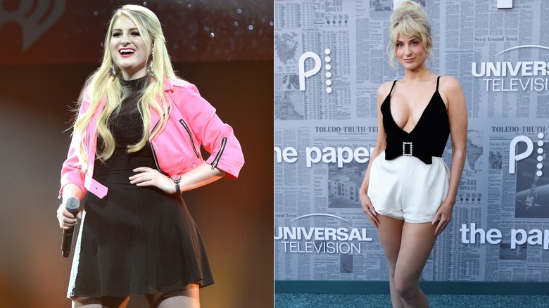 Meghan Trainor performing on stage in December 2014 (left), Meghan Trainor at a premier red carpet in September 2025.
