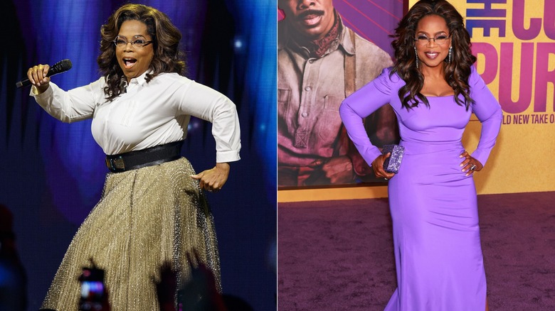 Oprah Winfrey in 2019 (left), and Oprah Winfrey at a movie premiere in December 2023 (right).