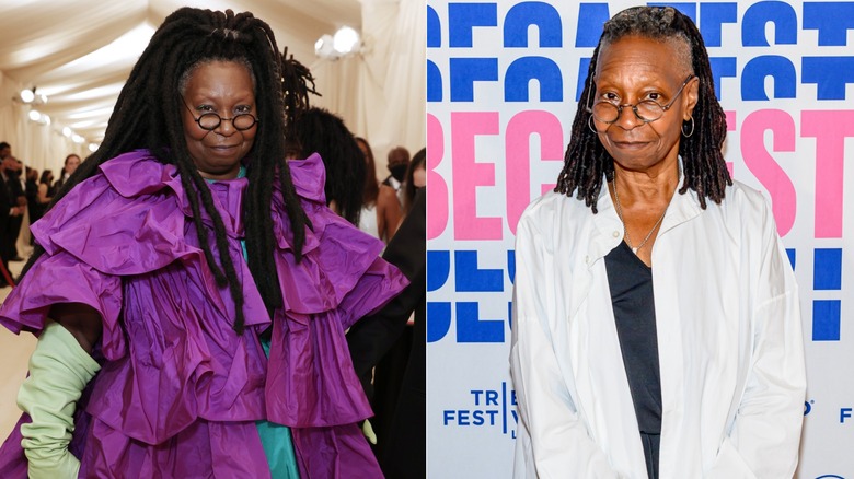Whoopi Goldberg at the 2021 Met Gala (left) and Whoopi Goldberg at a red carpet in 2024 (right).
