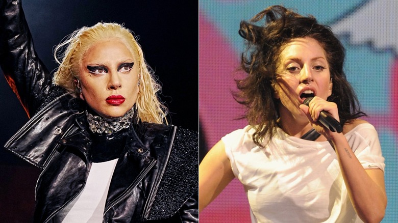 Lady Gaga with blonde hair and Lady Gaga with brown hair