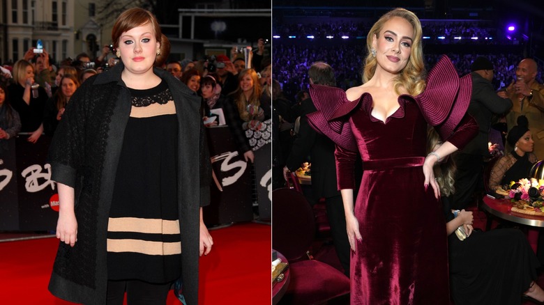 Split image of Adele attending the 2008 Brit Awards and attending the 2023 Grammy Awards