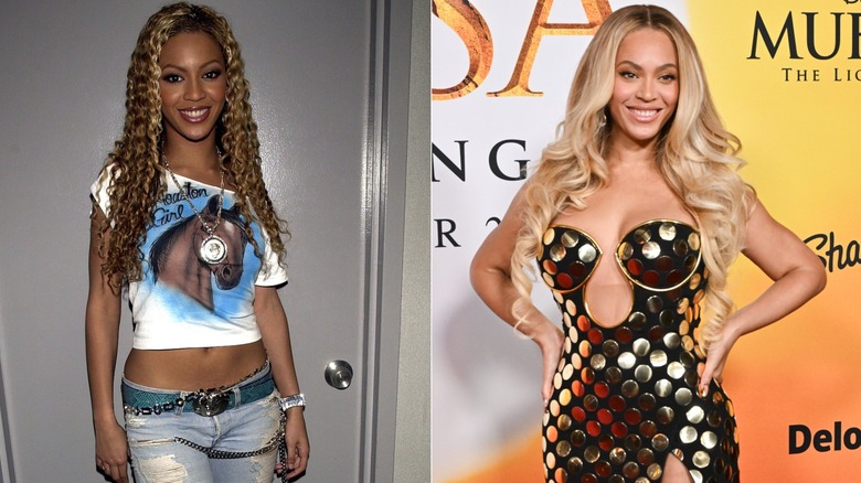 Split image of Beyoncé circa 2001 and attending the 2024 premiere of "Mufasa: The Lion King"