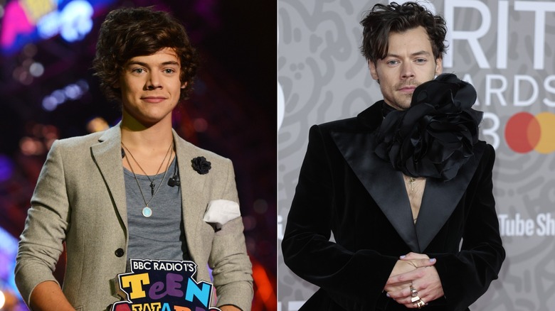 Split image of Harry Styles attending the 2012 BBC Radio 1 Teen Choice Awards and attending the 2023 BRIT Awards