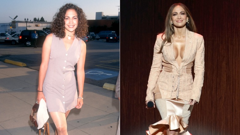 Split image of Jennifer Lopez attending a 1994 movie premiere and attending a Netflix event in 2026