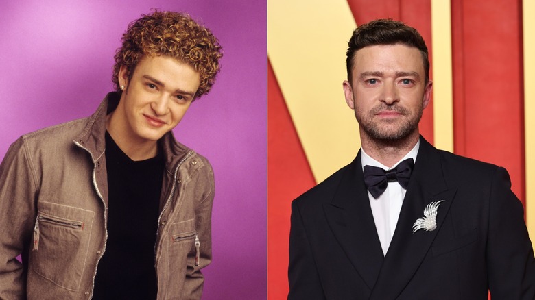 Split image of Justin Timberlake posing for a portrait in the early 2000s and attending the 2024 Vanity Fair Oscar party