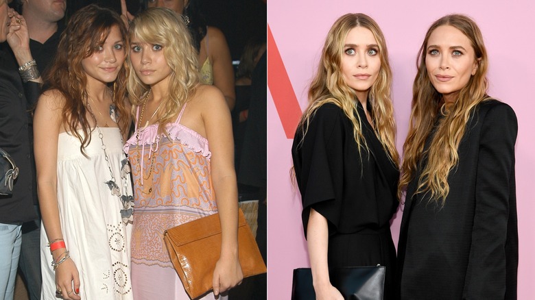 Split image of Mary-Kate and Ashley Olsen attending a VMA after-party in 2004 and attending the 2019 CFDA Fashion Awards