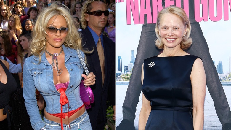 Split image of Pamela Anderson attending the 2001 Teen Choice Awards and attending a 2025 premiere event for The Naked Gun