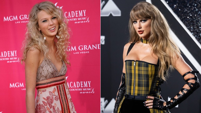 Split image of Taylor Swift attending the 2006 ACM Awards and attending the 2024 MTV Video Music Awards
