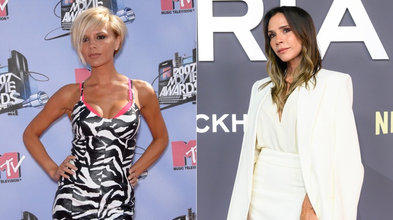 Split image of Victoria Beckham attending the 2007 MTV Movie Awards and attending the Victoria Beckham documentary series world premiere in 2025