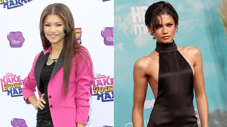 Split image of Zendaya attending an event in 2012 and attending the Season 3 premiere of Euphoria in 2026