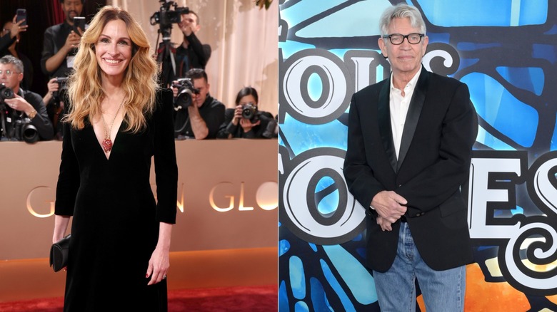 Julia Roberts smiling in low cut black dress and large necklace and Eric Roberts in jeans and black blazer wearing glasses