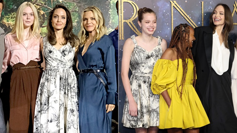 Angelina Jolie and Maleficent cast members posing, Angelina Jolie laughing with daughters Shiloh and Zahara