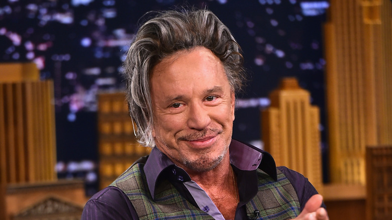 Closeup of Mickey Rourke smiling during "The Tonight Show Starring Jimmy Fallon"