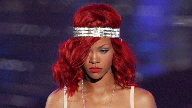 Closeup of Rihanna on stage performing at the 2010 VMAs