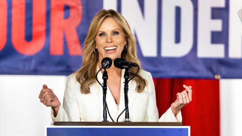 Actress/comedian Cheryl Hines is seen on stage during Robert F. Kennedy Jr. Independent Presidential Campaign Announcement at Independence Mall (2023)