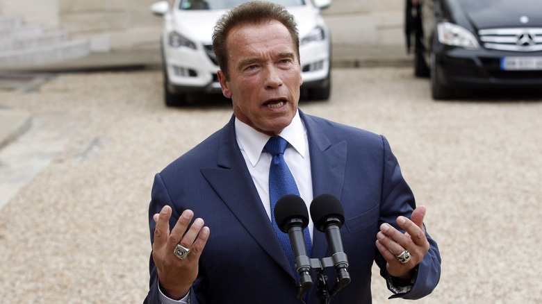 Arnold Schwarzenegger attending a press conference in 2014