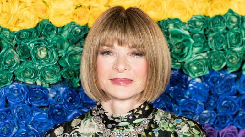 Anna Wintour wearing a patterned dress and standing in front of a floral wall