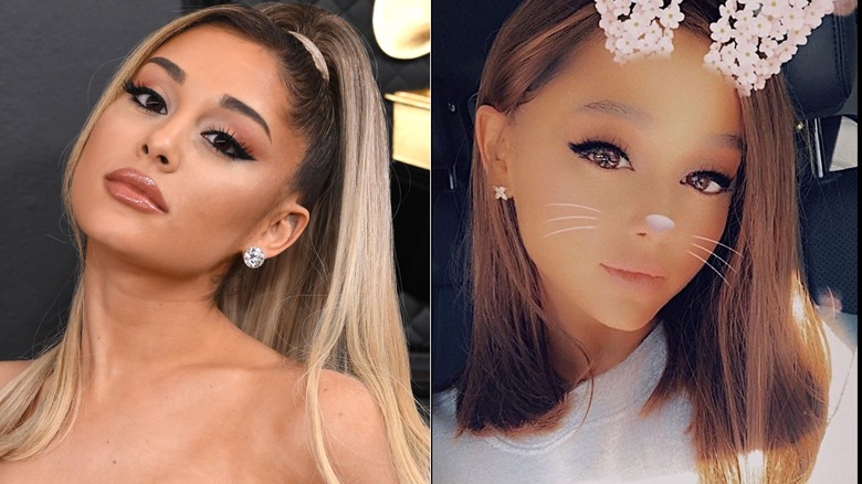 Ariana Grade with long ponytail and Ariana Grande in filtered selfie with shoulder length bob
