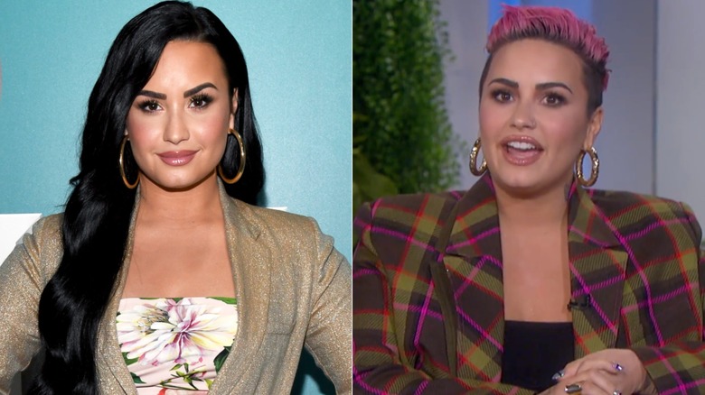 Demi Lovato with long dark hair in tan suit. Demi Lovato with short pink hair in plaid suit