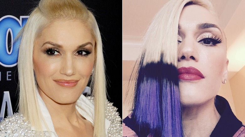 Gwen Stefani in beaded top and platinum hair. Gwen Stefani with purple tipped hair.