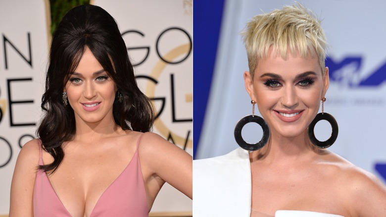 Katy Perry with long dark hair in pink dress. Katy Perry with short blond hair and big black hoop earrings.