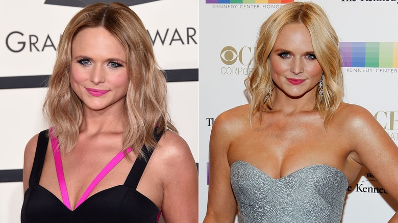 Miranda Lambert with dark blond hair in black and pink dress. Miranda Lambert with light blond hair in strapless silver dress