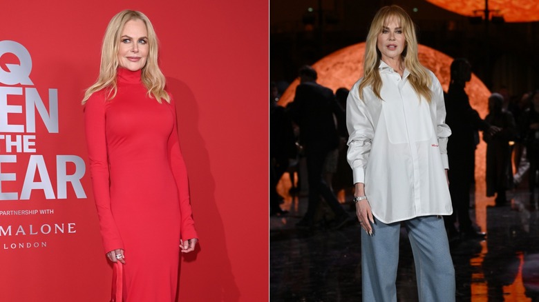 Nicole Kidman in red dress and shoulder length hair vs. Nicole Kidman in white shirt and blue pants with layered hair and bangs