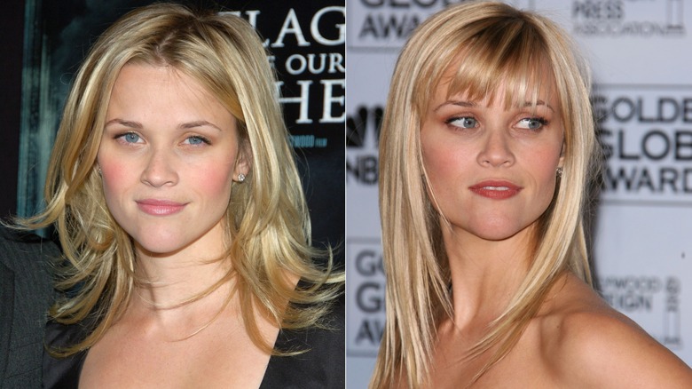 Reese Witherspoon with shaggy layers. Reese Witherspoon with bangs and stick straight style