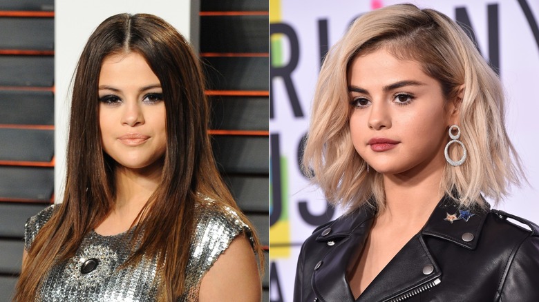 Selena Gomez in silver with long dark hair. Selena Gomez in black with short blond bob