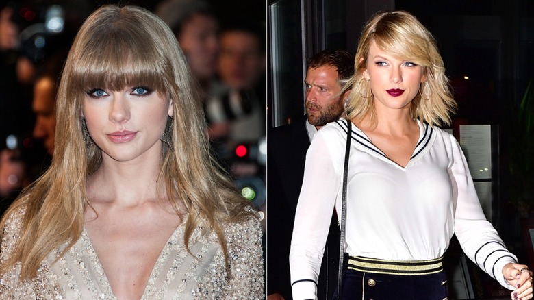 Taylor Swift in gold dress with long straight hair and bangs and Taylor Swift in white shirt and light blond shag haircut