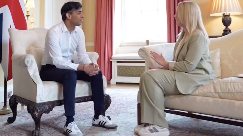 Rishi Sunak (left) wearing a pair of white Adidas Sambas