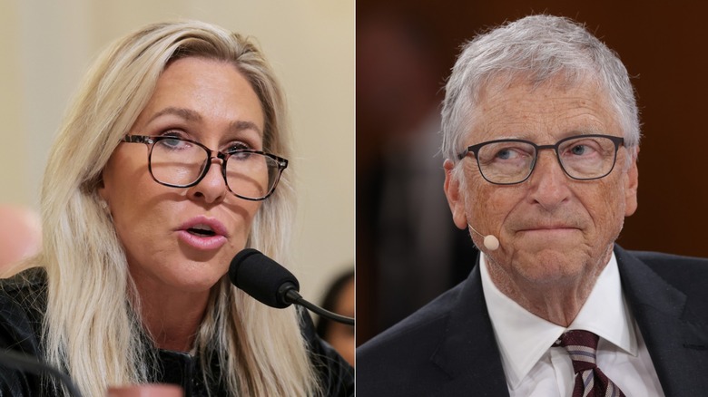 Marjorie Taylor Greene during a House Committee hearing on December 11, 2025/Bill Gates at a Global Solutions Summit panel in 2024
