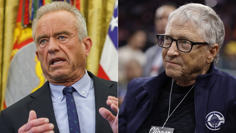 Robert F. Kennedy Jr. speaking at the Oval Office in April 2026/Bill Gates attending a basketball game in California, December 2025