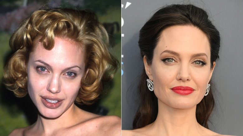 Split image of Angelina Jolie with blonde hair on the left and dark brown hair on the right