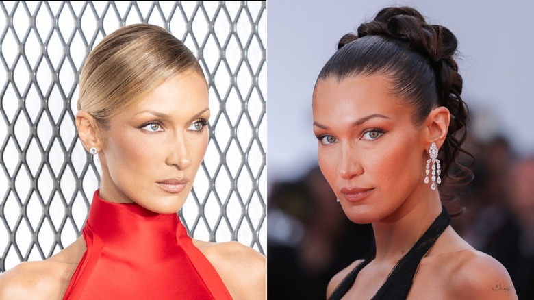 Split image of Bella Hadid with blonde hair on the left and dark brown hair on the right