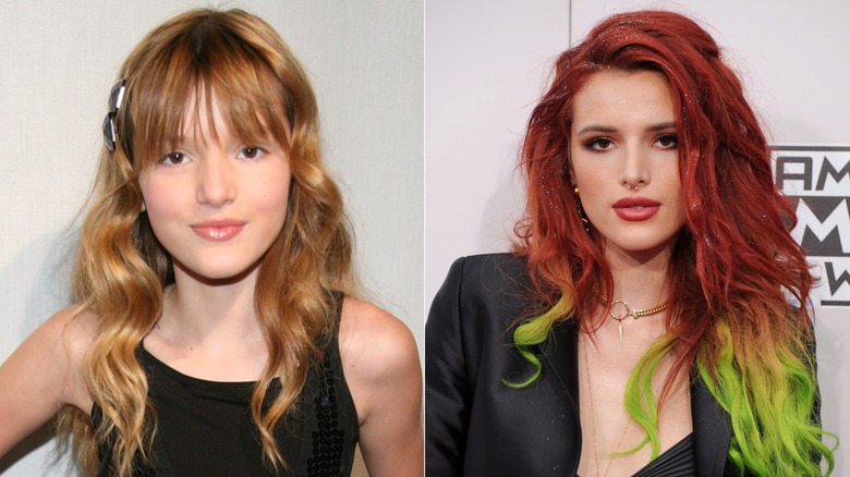 Split image of Bella Thorne with blonde hair on the left and red and green hair on the right