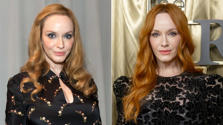 Split imaage of Christina Hendricks with blonde hair on the left and red hair on the right