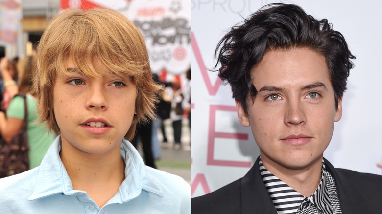 Split image of Cole Sprouse with blond hair on the left and black hair on the right