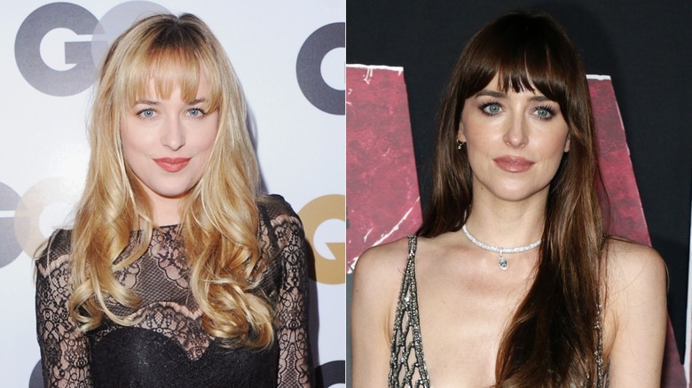 Split image of Dakota Johnson with blonde hair on the left and dark brown hair on the right